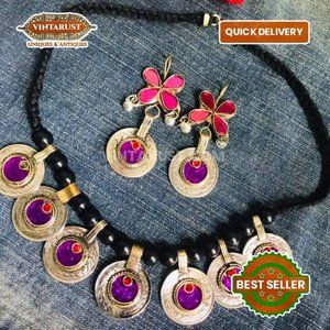 Afghan Tribal Vintage Coins Jewelry Set, Necklace With Earrings, Glass Stones